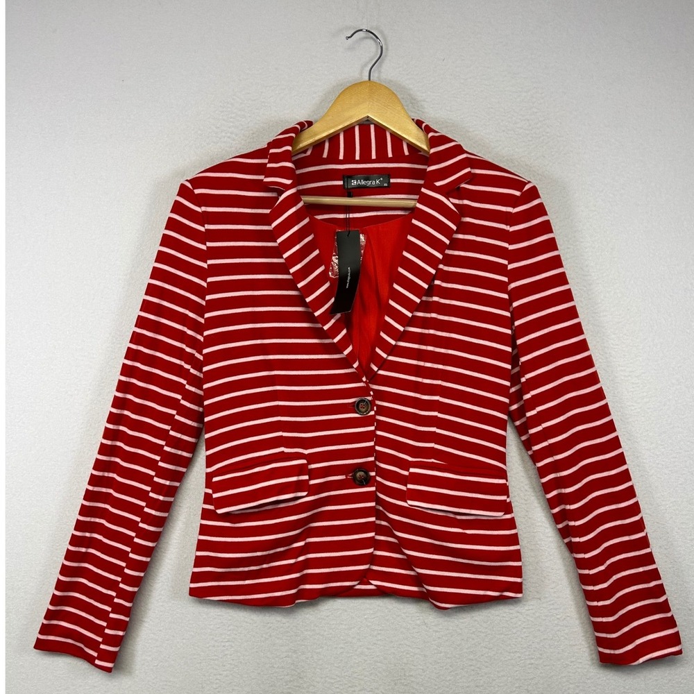 Nautical Preppy Allegra K Womens XS Red White Striped Two Button Lined Blazer